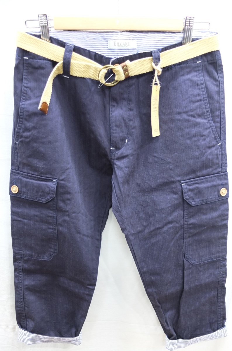 ★送料割引!クロップドパンツ スリムカーゴパンツ ゴルフパンツ ストライプ織柄綿布 M W実寸約80cm 紺 OIL CAKE★未使用格安!拍卖