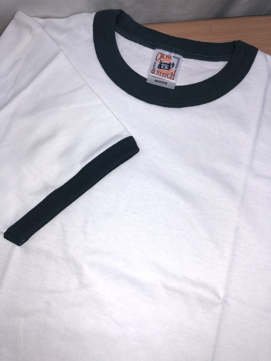 大きいサイズ 半袖Tシャツ リンガーTシャツ 天竺 XXLサイズ 白Xブルーグレィ CROSS&STITCH★未使用格安!拍卖