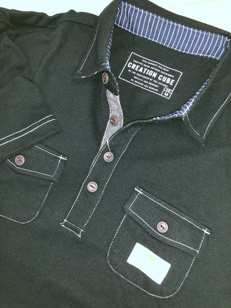 ★送料割引!ポロシャツ ゴルフシャツ 胸ポケット ステッチワーク ドライ系鹿の子 Mサイズ 黒 CREATION CUBE★未使用格安!拍卖