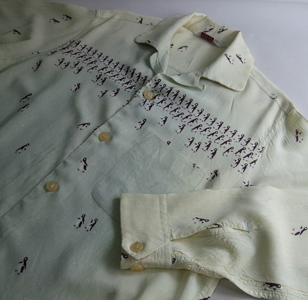 VINTAGE 50s Wings ペンギン柄 レーヨン ボックスシャツ 長袖シャツ 中古品 M ビンテージ 古着 ロカビリー 米国製 レア拍卖