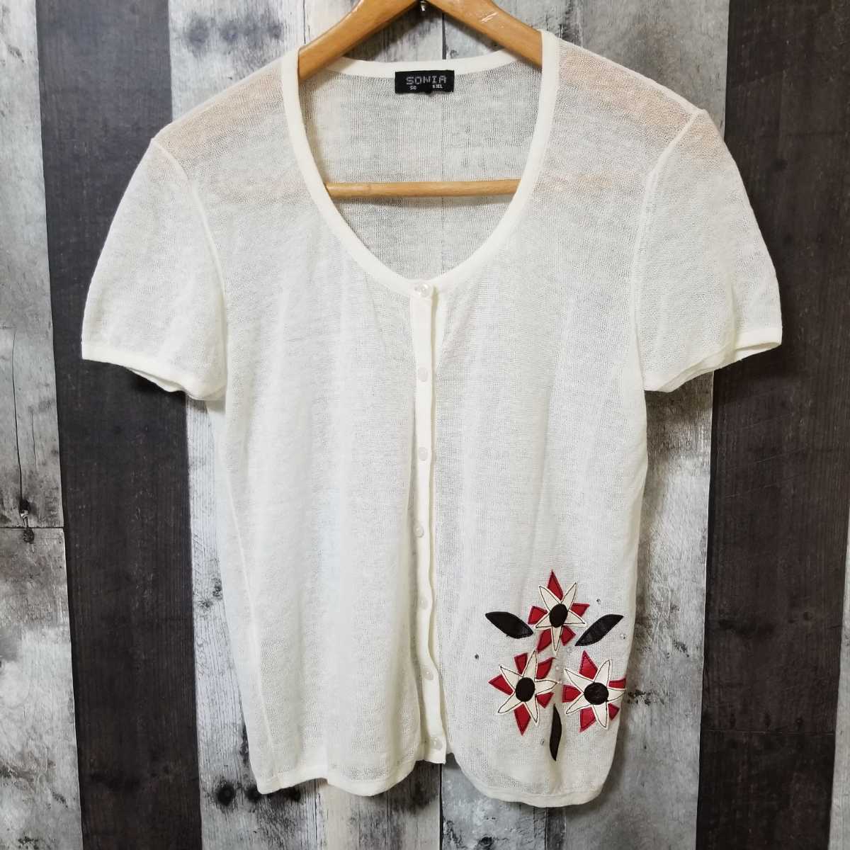 SONIA SONIA RYKIEL ソニアリキエル 半袖 カーディガン サイズ38 リネン混 薄手 ラインストーン レディース拍卖