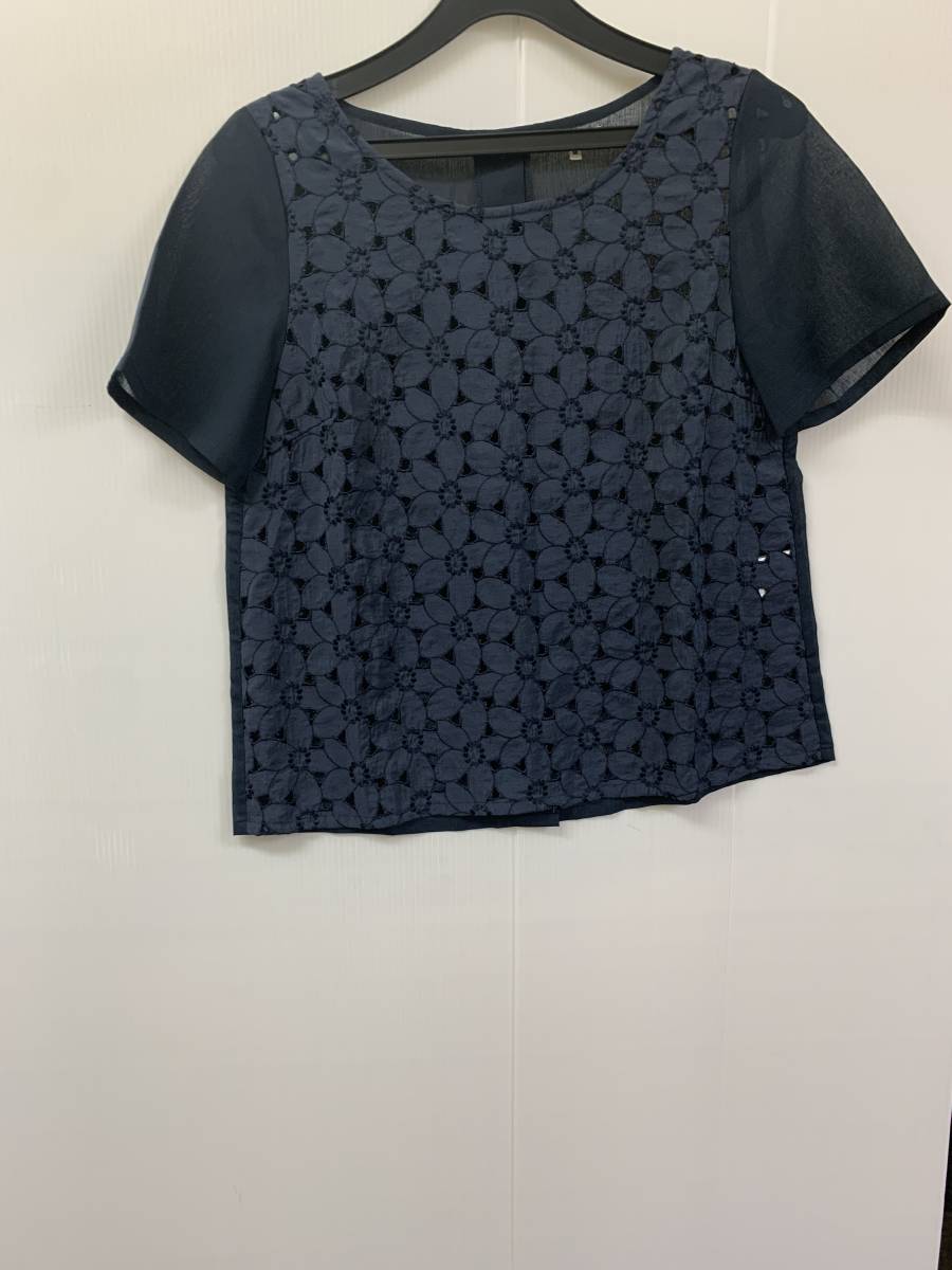 y746★GLOBAL WORK 半袖花柄レースカットソー ネイビー  サイズM★夏拍卖