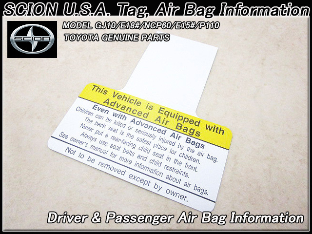 アイ.キューGJ10/SCION/サイオンiQ純正タグUSグローブボックス吊り下げラベルSide.Airbag.Info/USDM北米仕様USAサイドエアバッグ注意書き拍卖