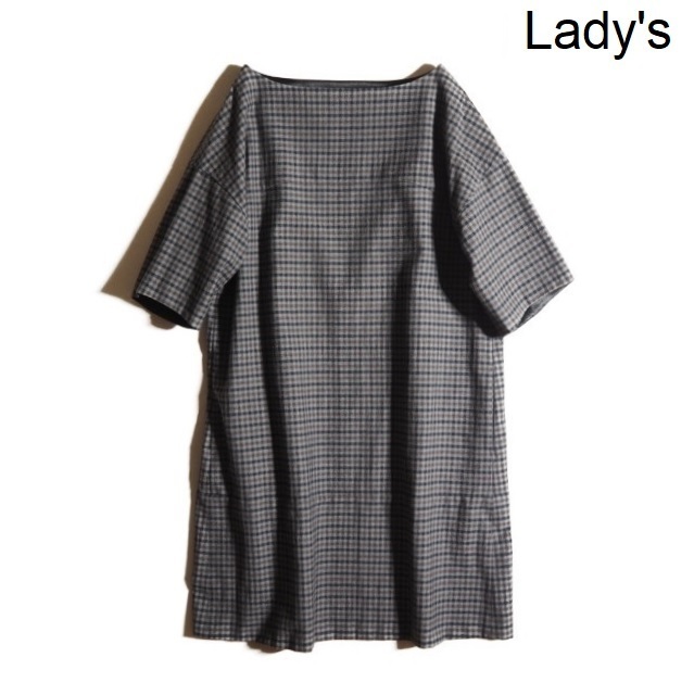 Y0297h10 ▼Drawer ドゥロワー▼ 起毛 コットン ウール 半袖 ワンピース ギンガムチェック グレー 紺 茶 36 オーバーサイズ 秋冬 rb拍卖