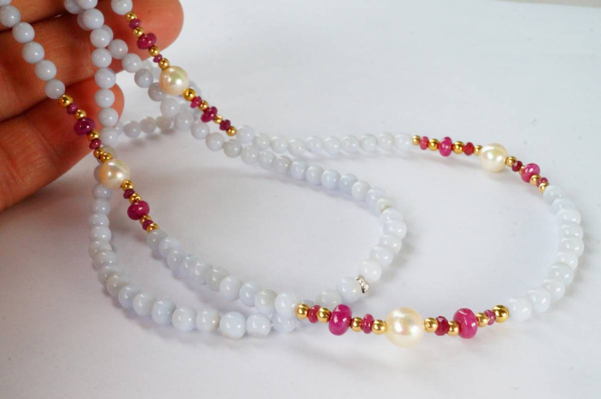 希少ロングネックレス!甲府の一級研磨士が施した匠の逸品!天然ルビー&パール&ブルーレースアゲートネックレス98cm拍卖