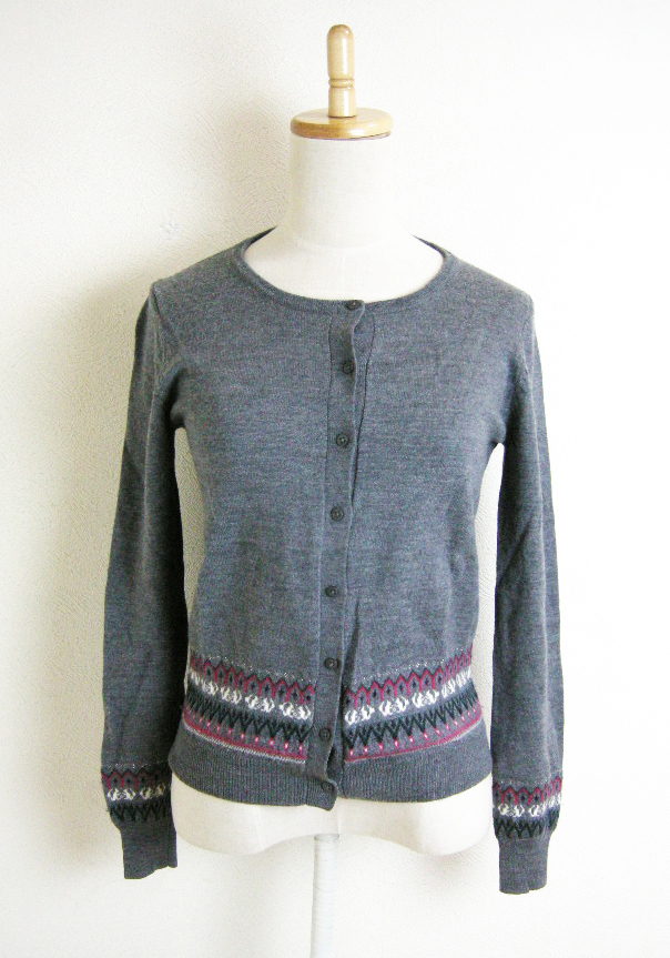 ■LoisCRAYON 【ロイスクレヨン】グレー 白 ピンク系 模様 長袖 カーディガン ニット M拍卖