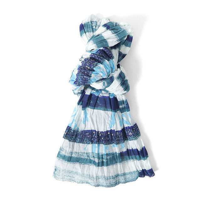 アウトレット品 DIESEL ディーゼル スパンコール付き ボーダー スカーフ 青 ストール レディース拍卖