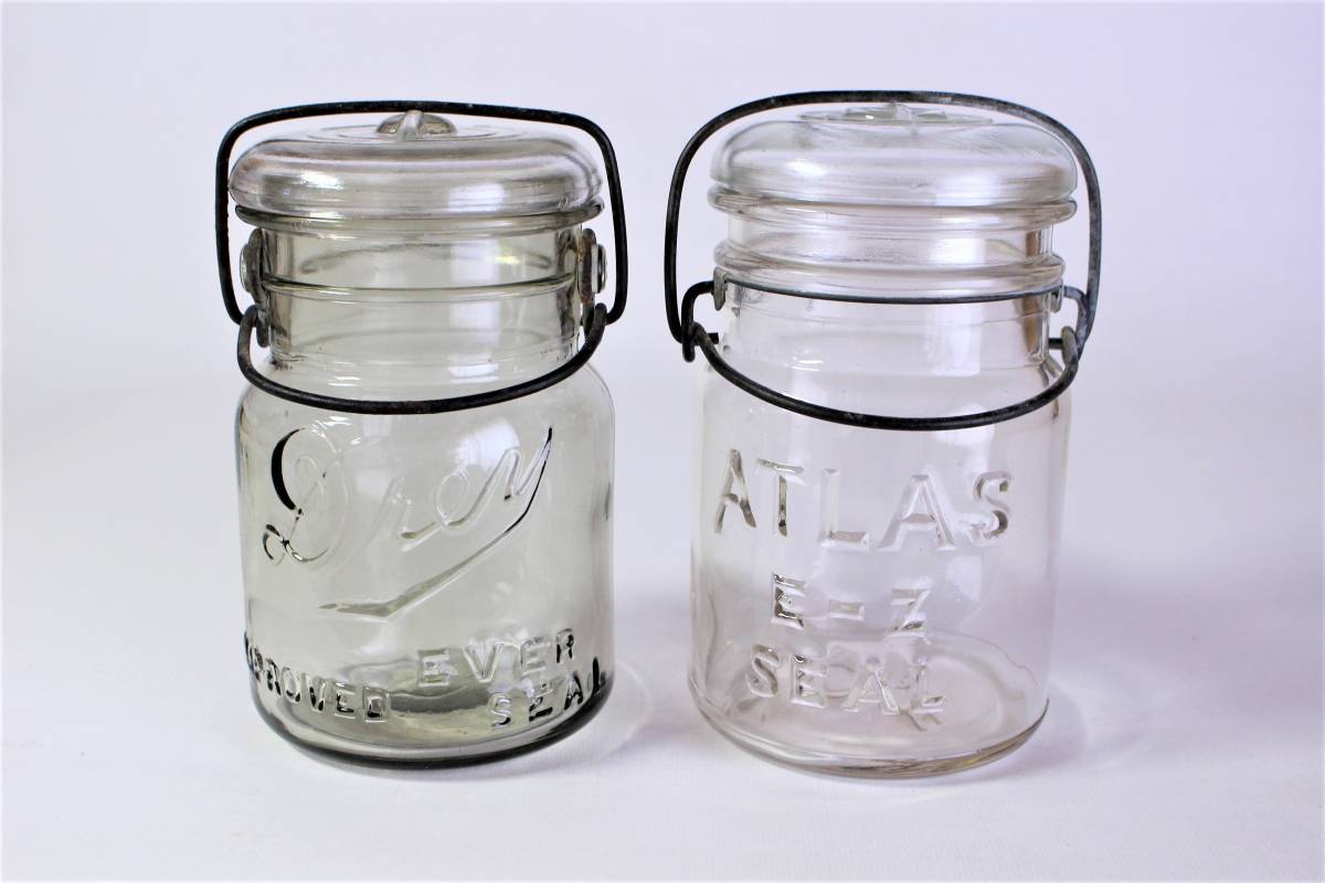 送料無料 2個セット! ■ メイソンジャー ヘーゼルアトラス ビン 蓋 2種セット ガラスジャー 保存瓶 ヴィンテージ 果実やジャムなど拍卖