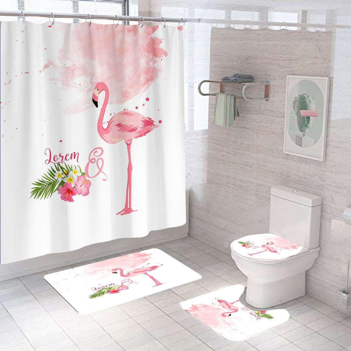新品 シャワーカーテン トイレカバー 浴室マットフラミンゴ 花 赤 4点セット 防カビ 撥水 雰囲気 飾り 軽量 速乾 バス用品#4拍卖