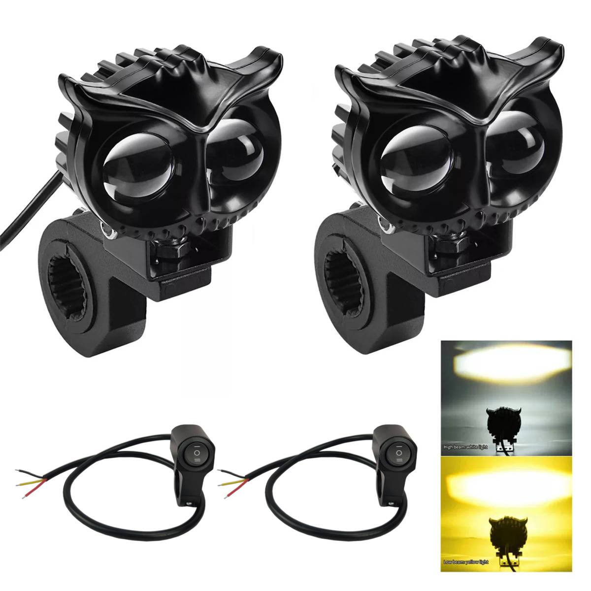 2個 LEDモトヘッドライトスポットライトフクロウ外部IP65 スイッチ*2 耐震ランプ 補助高い明るさ バイク車のヘッドライト ATVスクーター拍卖