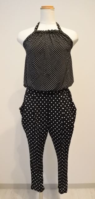 LDS オールインワン パンツ ホルターネック 夏 パンツドレス ドット柄 ブラックx白 j a202h0612拍卖