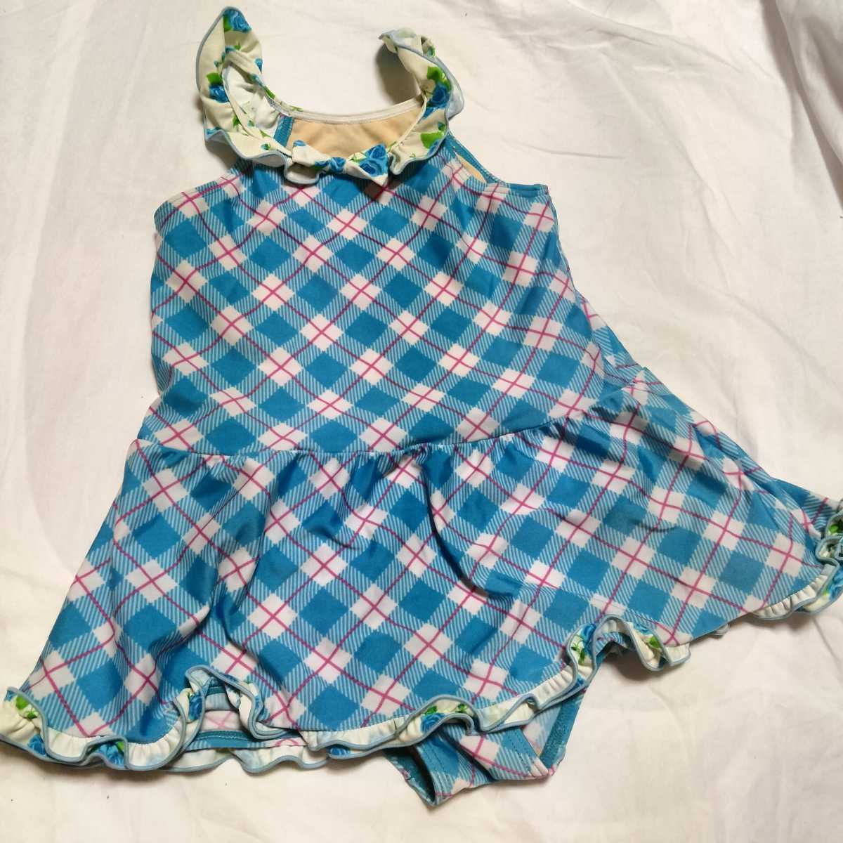 キッズ水着 女の子 ワンピース水着 イオン 130 水色系チェック柄 220609拍卖