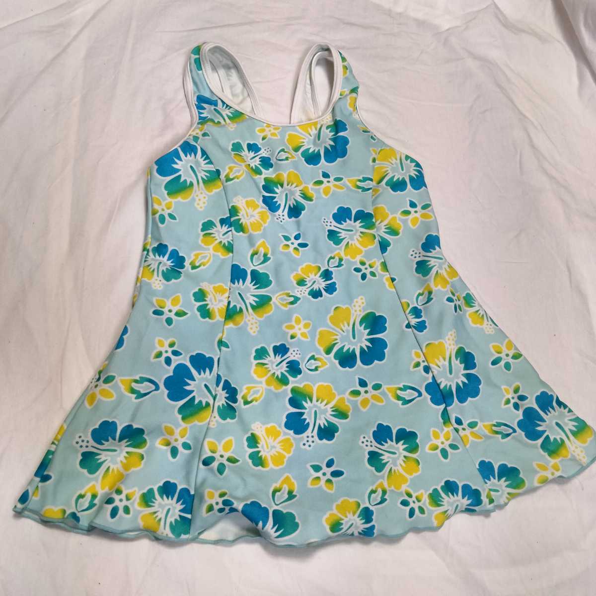 キッズ水着 ワンピース水着 120 ハイビスカス 水色系 女の子 220611拍卖