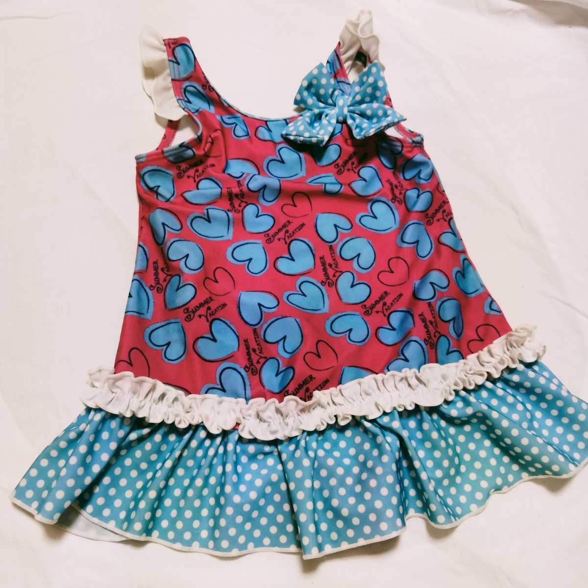 キッズ水着 120 女の子 ワンピース水着 ハート柄 220611拍卖
