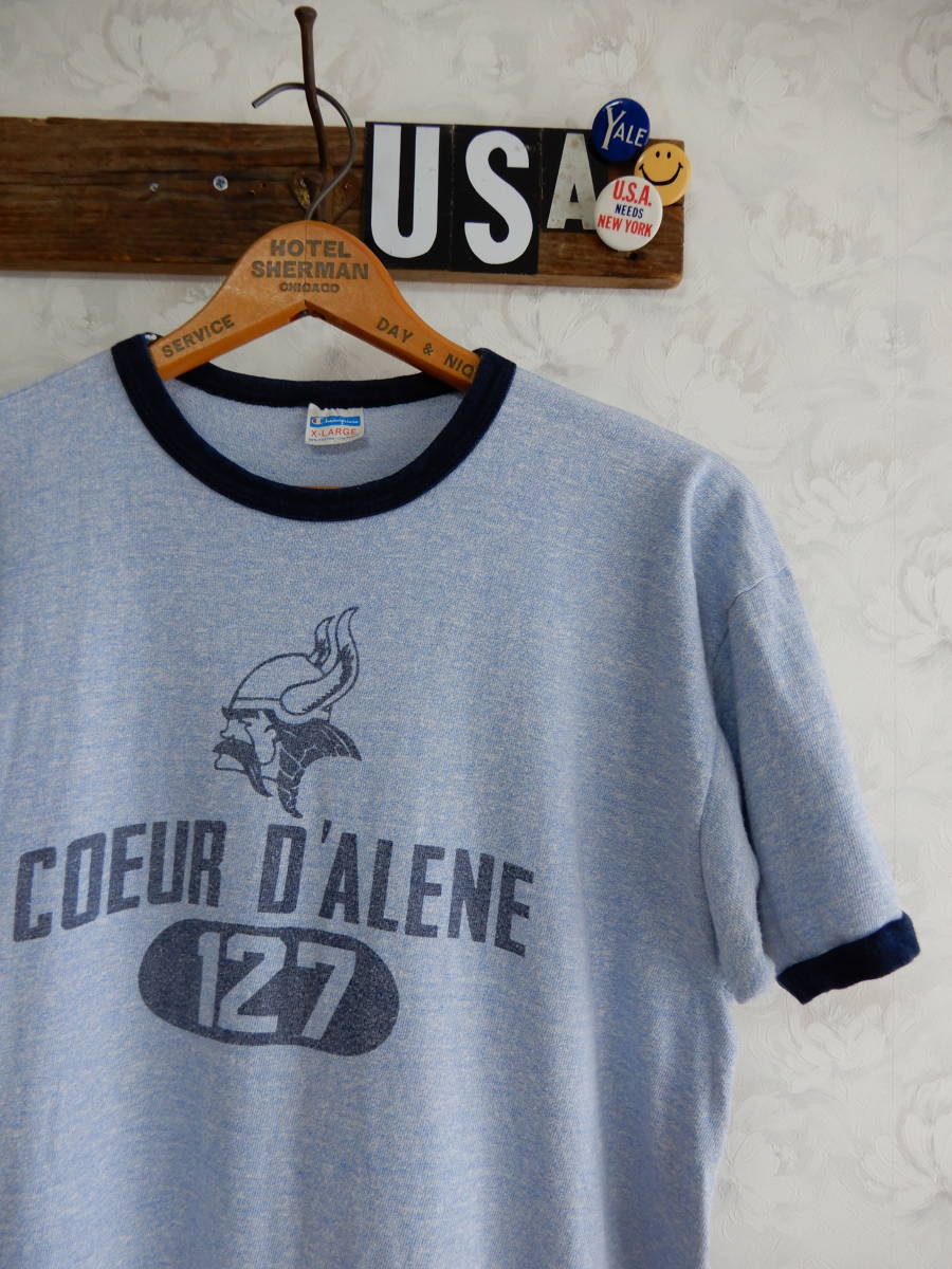 XL!美品!70s染み込み3段チャンピオンバートリコタグ霜降りブルーリンガービンテージTシャツUSA製アメリカ70年代ヴィンテージ拍卖
