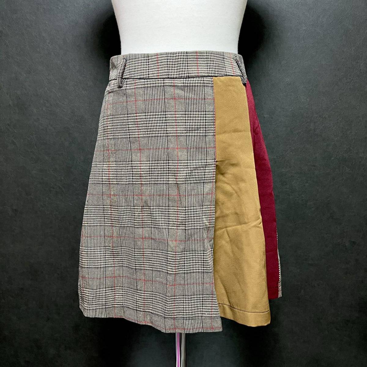▽GROWING RICH グローウィングリッチ チェック切り替え台形スカート ブラウン 180922-F-BR ※ベルト無し 難あり 未使用 紙タグ付き 女性用拍卖