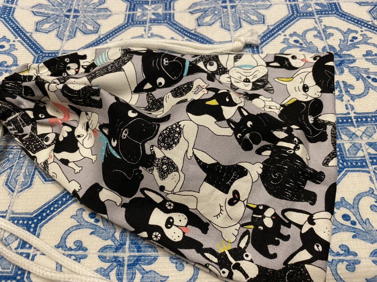 中36 巾着袋 小物入れ 給食袋 ハンドメイド ブルドッグ柄 グレー拍卖