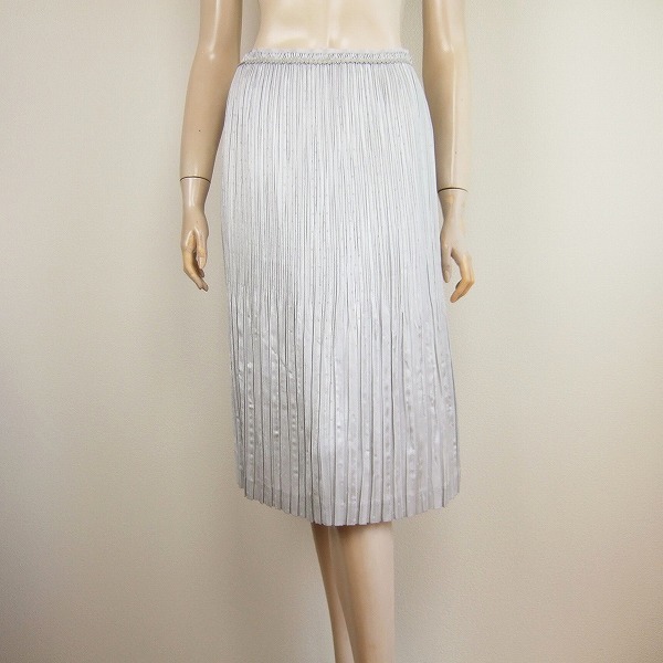 新品★レリアン*Leilian*パールグレー*ドット柄*ラメ入りレースリボン*細かプリーツ*ひざ下丈*美女スカート*11号.Lサイズ.40拍卖