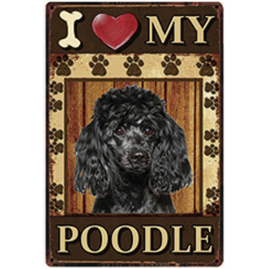 A1414 メタル サイン ブリキ 看板 金属 製 プレート アート パネル 動物 ペット 犬 I LOVE MY トイ プードル 黒 【3262】拍卖