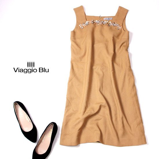 ☆☆ 美品 Viaggio Blu ビアッジョブルー ☆☆ 綺麗めアクセ レーヨンスーツ生地 ワンピース 1号 春 夏 22B06拍卖