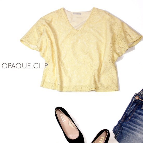 ☆☆ 美品 (株)ワールド OPAQUE.CLIP オぺークドットクリップ ☆☆ 大人可愛い フリルスリーブ レース カットソー M 春 夏 22C06拍卖