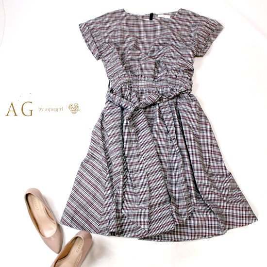 ☆☆ 美品 (株)ワールド AG by アクアガール ☆☆ 可愛いウエストゴム 共布ベルト付き ミモレ丈 ワンピース M 春 夏 22C06拍卖