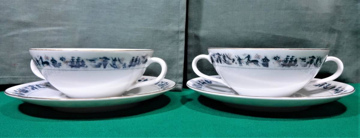 MEITO 染付 スープ カップ&ソーサ 2客セット 名陶/名古屋製陶所/メイトー/帆船/馬車●1422拍卖