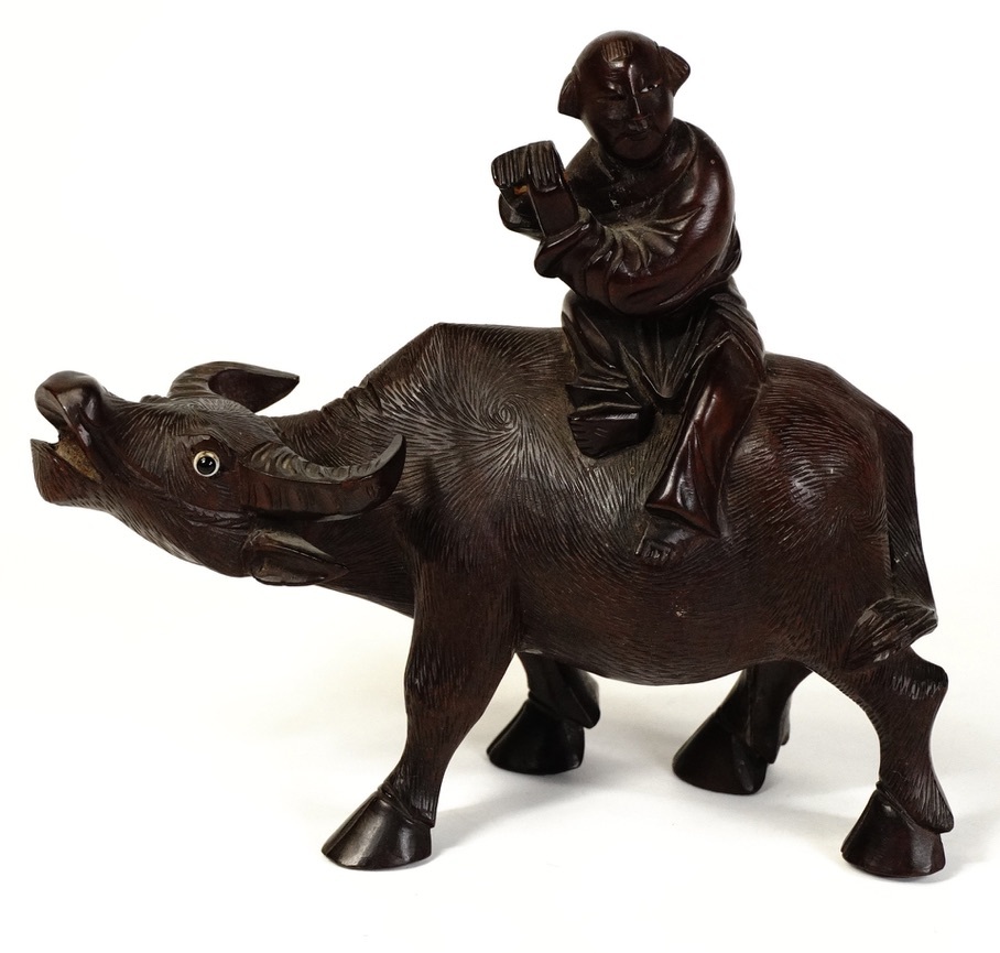 中国古玩 中国古美術 唐物 十牛図 騎牛帰家 笛吹童子 紫檀 一刀彫像 木製置物 幅15 cm 修復痕 笛の欠損がある為格安出品致します! TOT拍卖