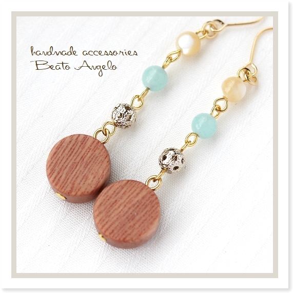 ■+angelo+ウッドビーズとアマゾナイトのピアス(p-004)G 天然石 透かし玉 チタン 樹脂 イヤリング拍卖