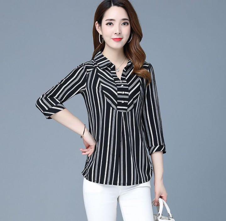 新品 襟付き 7分袖ブラウス 新品 レディース ストライプ サラサラ拍卖