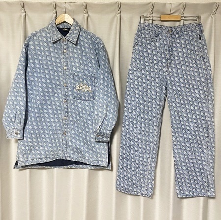 美品☆【Kappa×GU】オーバーサイズ ロゴ総柄 デニム セットアップ S ワイドシルエット ジャケット パンツ カッパ ジーユー拍卖