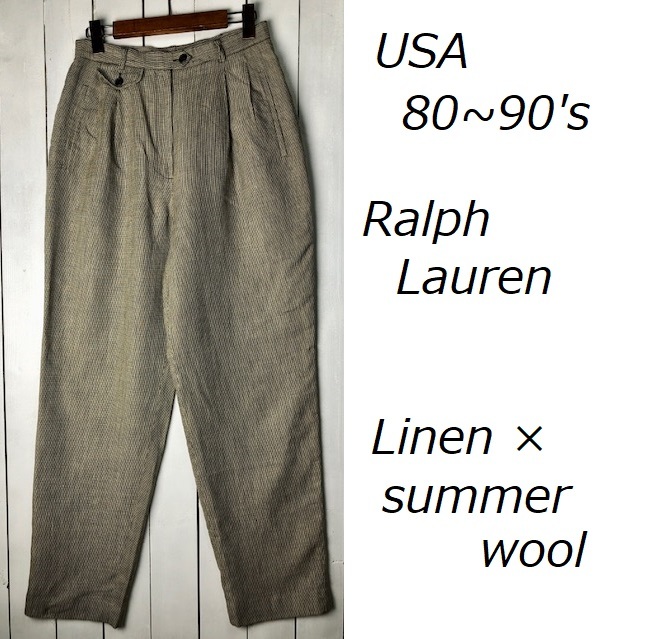 USA古着 80s~90s Ralph Lauren リネン・ウール サマーワイドスラックスパンツ 6 春夏秋 ラルフローレン ヴィンテージ アメリカ古着 ●123拍卖