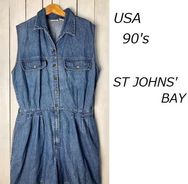 USA古着 90s ノースリーブ デニムツナギ オールインワン 16 ヴィンテージ オールド 春夏 ハーフ・ショートパンツ L~XL ダンガリー●51拍卖