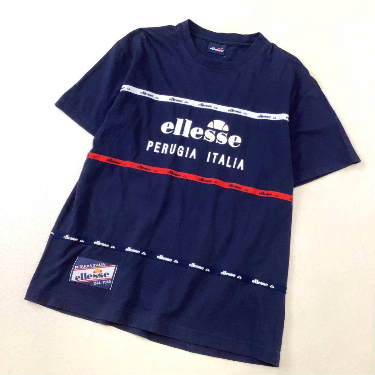 美品 ellese エレッセ ボーダーロゴテープ 半袖 tシャツ メンズ Mサイズ ネイビー 紺 アウトドア キャンプ拍卖