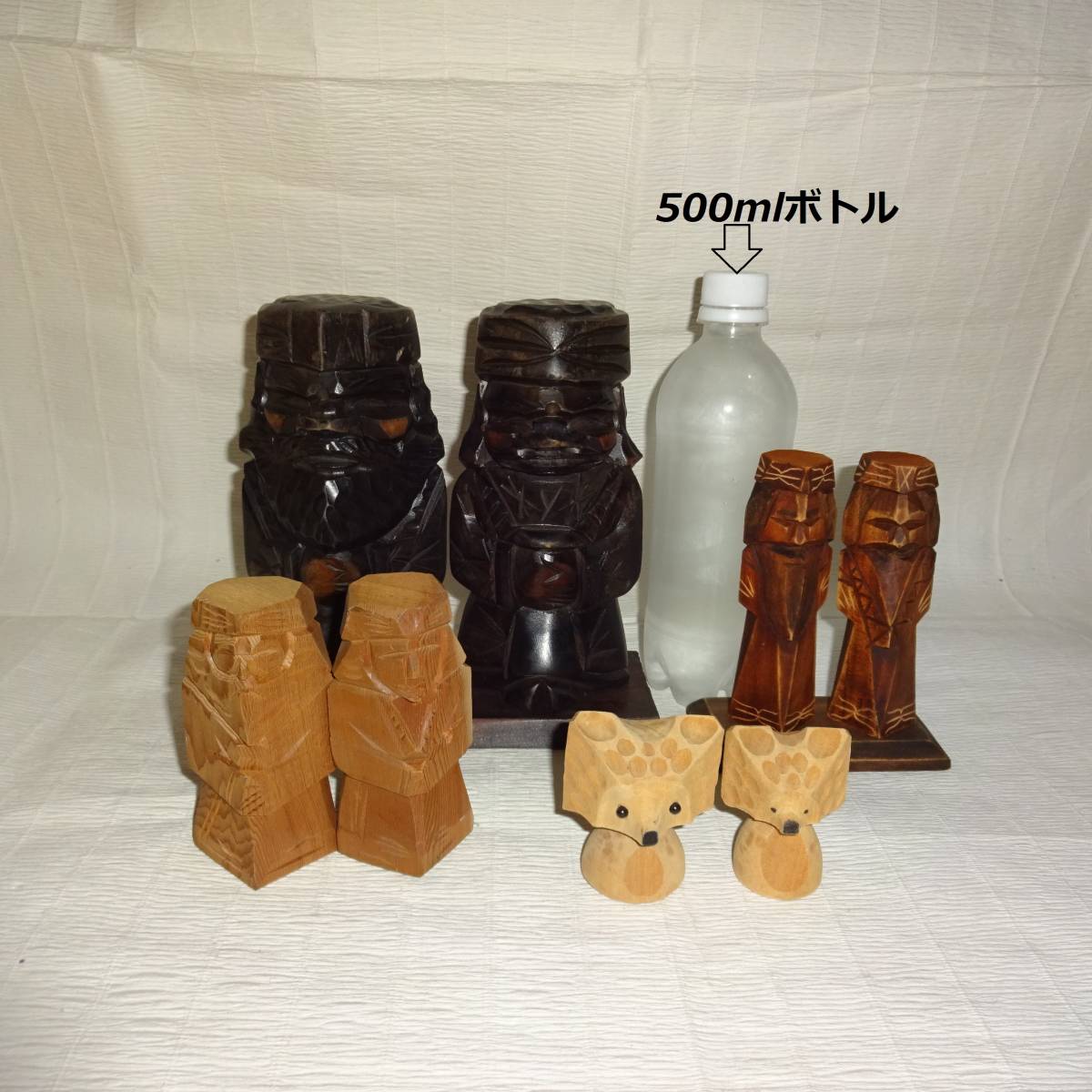 アイヌ彫刻置物 アイヌ夫婦置物4セット 可愛いキツネアイヌ置物拍卖