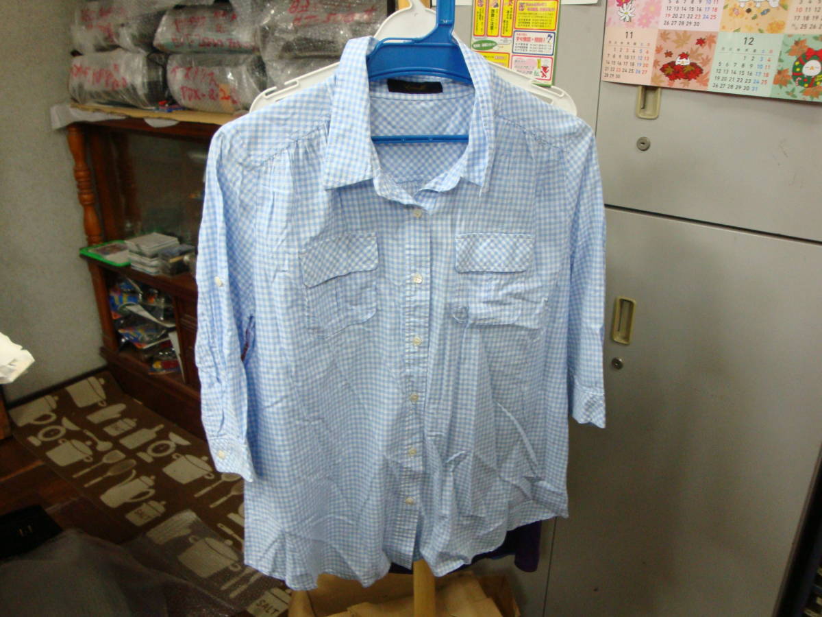 女性用 シャツ 七分袖 Mサイズ 綿100% 白 水色 ギンガムチェック 未使用 定型外郵便拍卖