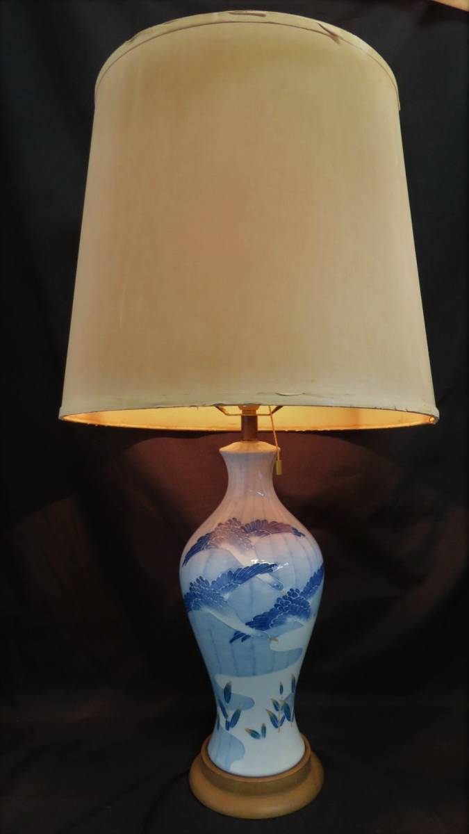【愛知近郊・配送可】大型 77cm 染付スタンド 陶器卓上スタンド テーブルランプ 照明スタンドライト デスクライト 卓上ランプ 照明器具 拍卖
