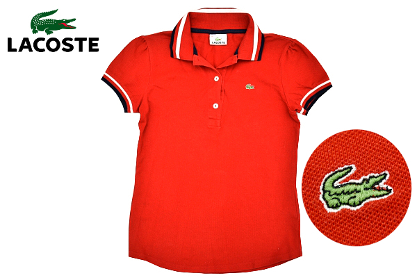 Y-3935★送料無料★超美品★LACOSTE ラコステ★日本製 レッド赤色 ワニロゴ刺繍 ストレッチ素材 鹿の子 半袖 ライン入り ポロシャツ 38拍卖