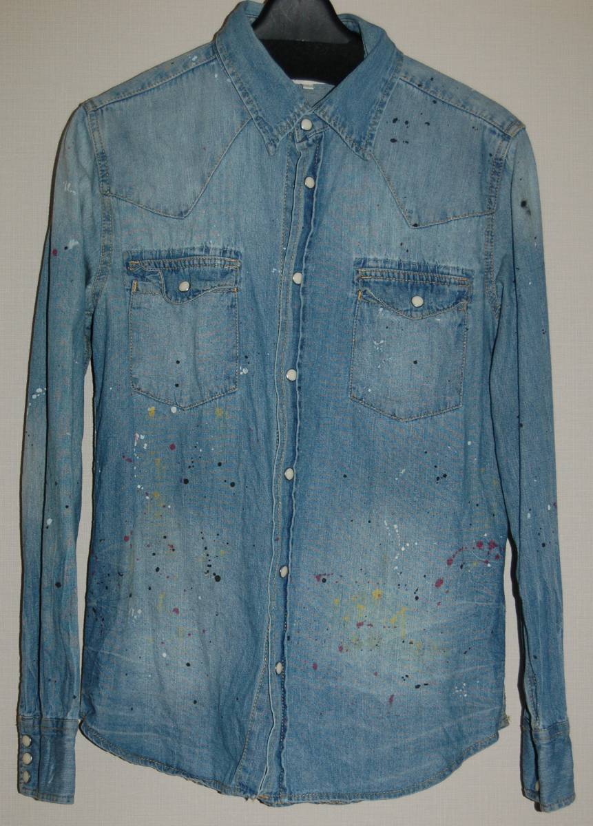 【美品】BROWNY VINTAGE WEGO ウエスタン デニムシャツ 細身 M ペンキ加工 古着風 ブラウニー ウィゴー 薄手 ブルー 長袖 メンズ拍卖