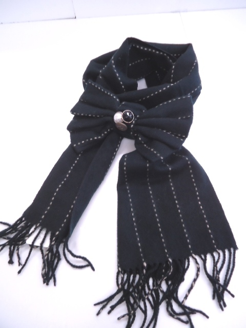 【KCM】kof-350★新品★【CHILLEA/キリア】リボン付 マフラー アクリル100% ブラック系 約30×178cm レディース拍卖