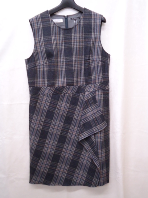 【KCM】j23-49-44★新品★【23区 大きいサイズ】ラップスカート風 チェック柄 ノースリーブワンピース グレー系 サイズ 44 レディース拍卖