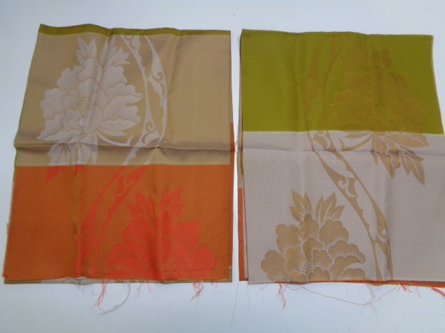 A62-60 花唐草織文 絹 35×175センチ×2枚 昭和 古布はぎれ 市松人形 手作 着物リメイク アンティーク拍卖