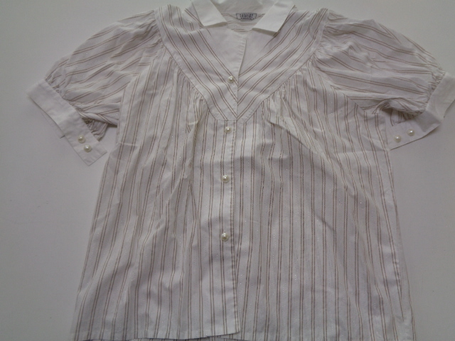 C38-60 昭和レトロ ストライプ ブラウス ラメ パフスリーブ カウス Sサイズ 綿100% ヴィンテージ 長期保管品拍卖