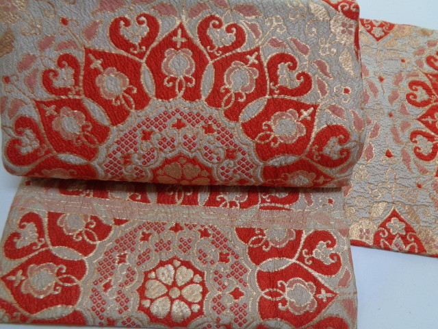 C162-80 名古屋帯 開き仕立 正絹 朱 金糸織 吉祥円染文 変わり帯地 昭和レトロ アンティーク拍卖