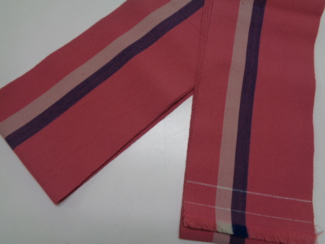 a111-60 正絹 半幅平帯 紬 両面 縞文 昭和レトロ アンティーク拍卖