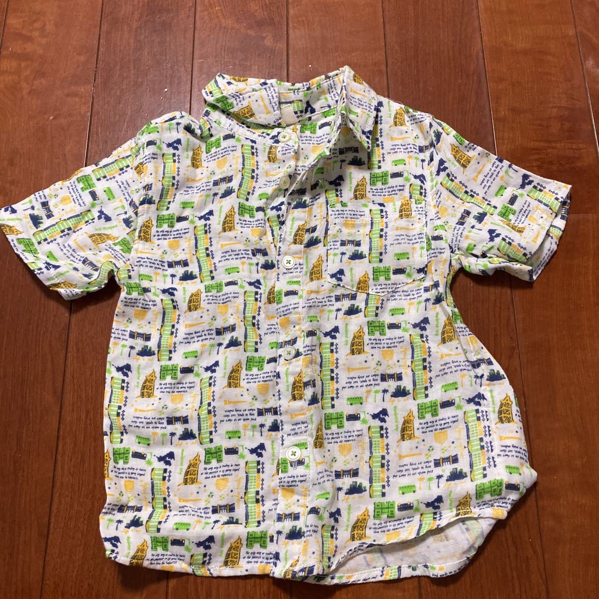 カジュアル・ガーゼ生地・半袖シャツ・イエロー×グリーン系・柔らか生地・120拍卖