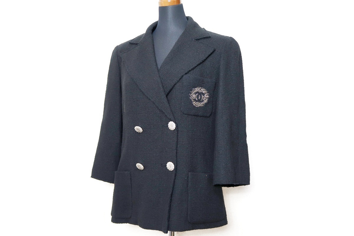 【美品】CHANEL シャネル ツイード ジャケット P43192 ココマーク ブラック サイズ40 コットン100% 洋服【KD29】拍卖