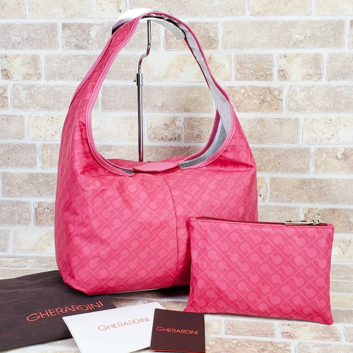 ゲラルディーニ リバーシブル ハンドバッグ ポーチ付き イタリア製 ピンク ソフティ GHERARDINI拍卖