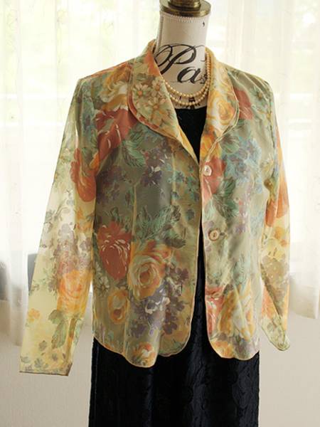 送料無料 未使用★定価7,800円 レモンオレンジ色 シフォン風花柄 ブラウスジャケット M~Lサイズ拍卖