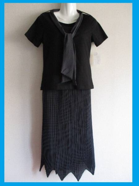 送料無料★未使用★エレガント上下セットアップ★スカーフ取り外し可 タグ付き 半袖カットソー&スカート(ゴム64~70cm)黒拍卖